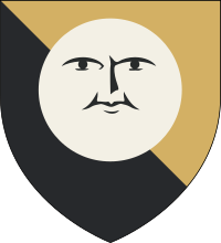 party per bend or and sable, a plate surmounted by a grinning face sable
